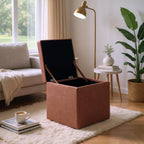 Brown Linen-Textured Ottoman with Storage, 42×42×44 cm Square Foot Rest Stool, Upholstered Cube Seat with Hidden Compartment for Living Room Bedroom Entryway, Black Rubber Feet