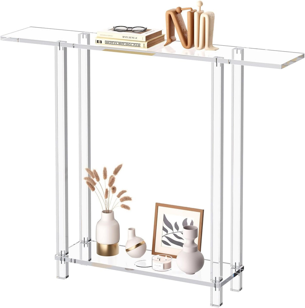 VEVOR Acrylic Narrow Console Table for Entryway, Clear Skinny Entry Side Table, 2-Tier Modern Transparent Sofa End Table, Square Legs, for Hallway, Foyer, Living Room, 7.6" D x 39.4" W x 31.5" H
