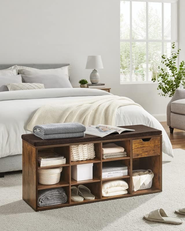 VASAGLE CUSTOS Collection - Storage Bench, Entryway Bench with Cushion, Drawer and Open Compartments, Bench with Storage, Living Room, Bedroom, Closet, Rustic Brown and Chestnut Brown ULHS024T01