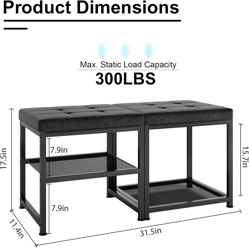 DreamDashio Set of 2 Small Shoe Storage Benches with PU Leather Cushion, 3-Tier Shoe Rack Organizer for Entryway, Metal Mesh Shelves, Holds Up to 300 lbs, Black (31.5"x11.4"x17.5")