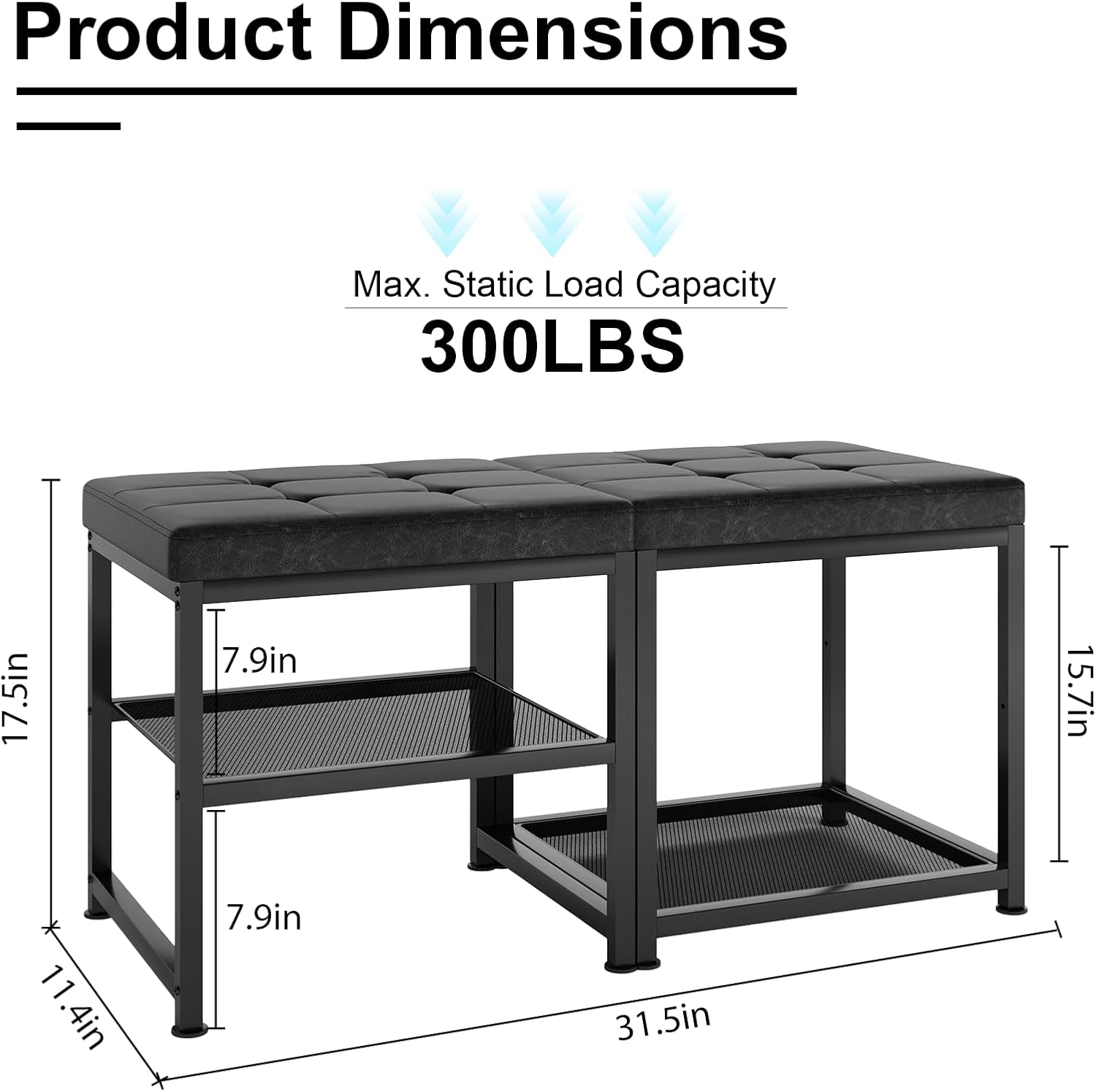 DreamDashio Set of 2 Small Shoe Storage Benches with PU Leather Cushion, 3-Tier Shoe Rack Organizer for Entryway, Metal Mesh Shelves, Holds Up to 300 lbs, Black (31.5"x11.4"x17.5")