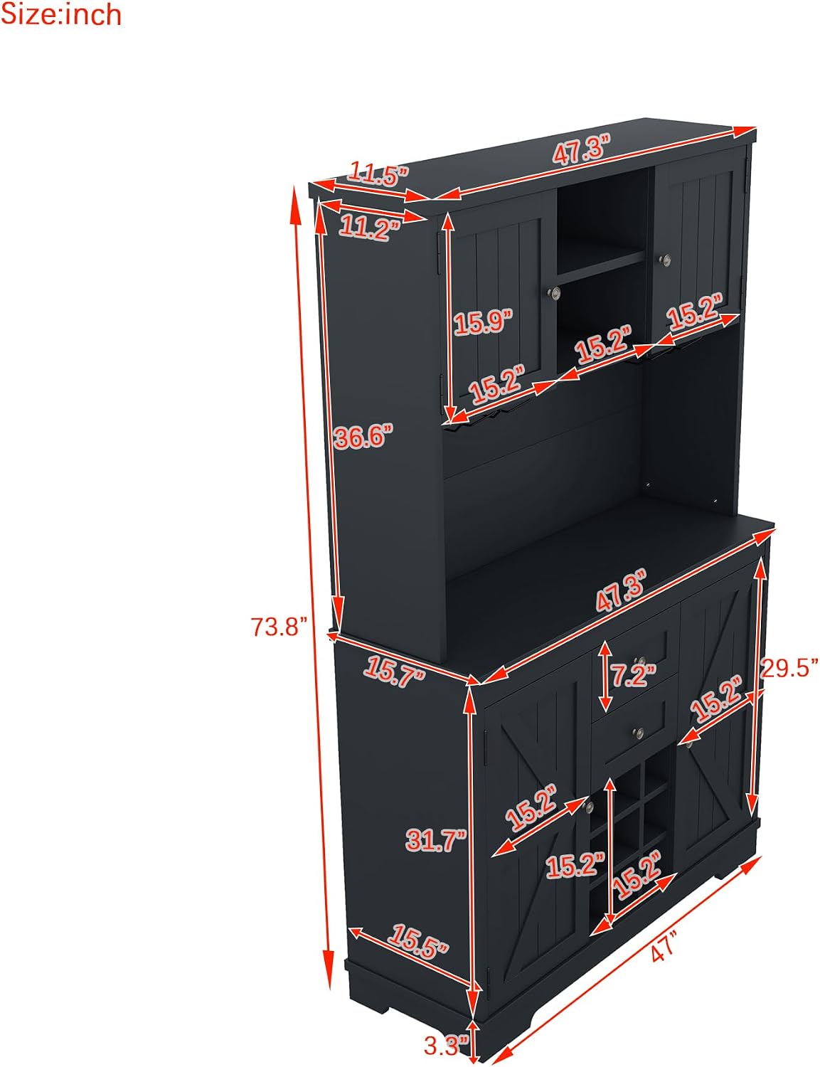 Merax 73.8" Kitchen Pantry Storage Cabinet, Freestanding Larder Cupboard, Kitchen Hutch Cabinet with Drawers Shelves and Cabinets, Buffet Cabinet Wine & Glass Racks for Dining Room, Living Room, Blue