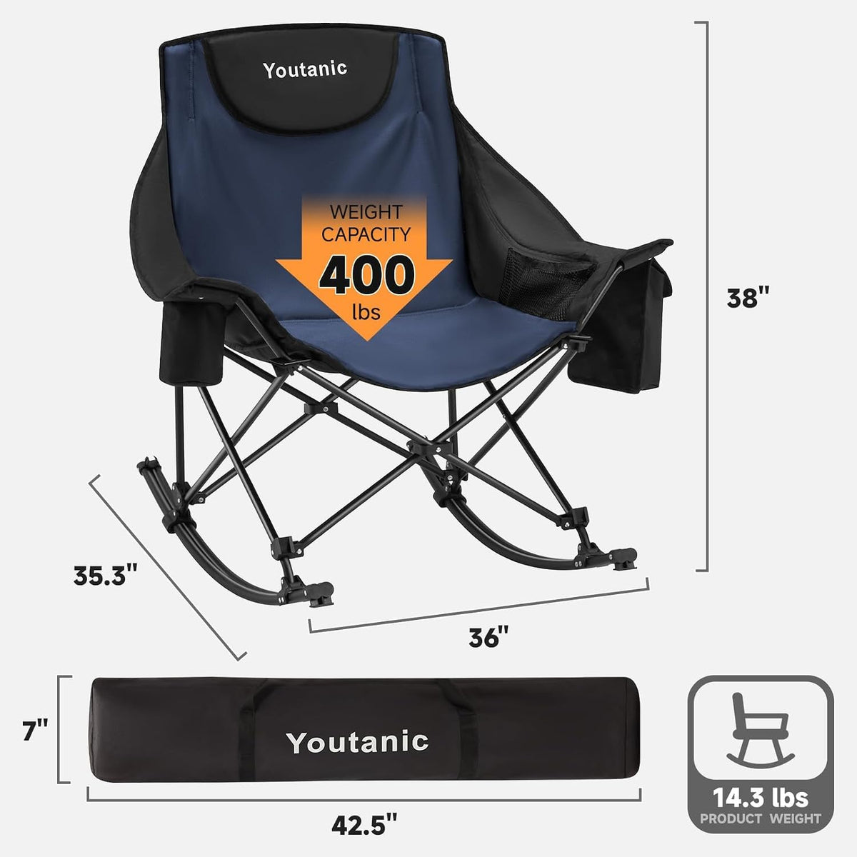 Youtanic Oversized Folding Rocking Camping Chair, Padded Portable Rocking Chair with Pockets, Cup Holder and Carry Bag, Heavy Duty Outdoor Rocker Patio Chair for Garden, Lawn, Up to 400lbs, Navy Blue