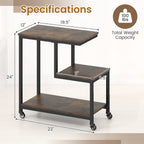 GOFLAME G-Shaped End Table, 3-Tier Sofa Side Table with Wheels, Open Shelves, Metal Frame, Modern Display Accent Table, Small Narrow Rolling Nightstand for Living Room, Bedroom, Rustic Brown