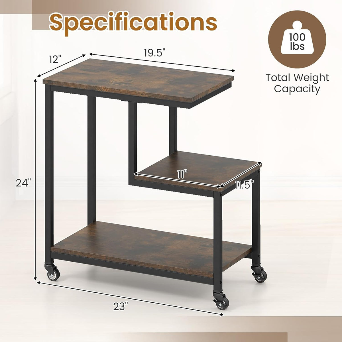 GOFLAME G-Shaped End Table, 3-Tier Sofa Side Table with Wheels, Open Shelves, Metal Frame, Modern Display Accent Table, Small Narrow Rolling Nightstand for Living Room, Bedroom, Rustic Brown