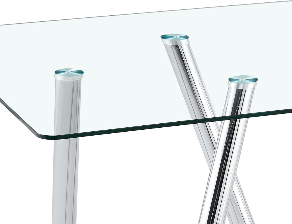 Glass Dining Table for 4 6 8 Pepole,71 Inch Rectangle Kitchen Dining Room Table with 0.39" Thick Tempered Glass Tabletop & Metal Legs, Modern Glass Top Silver Dinner Table for Dining Room