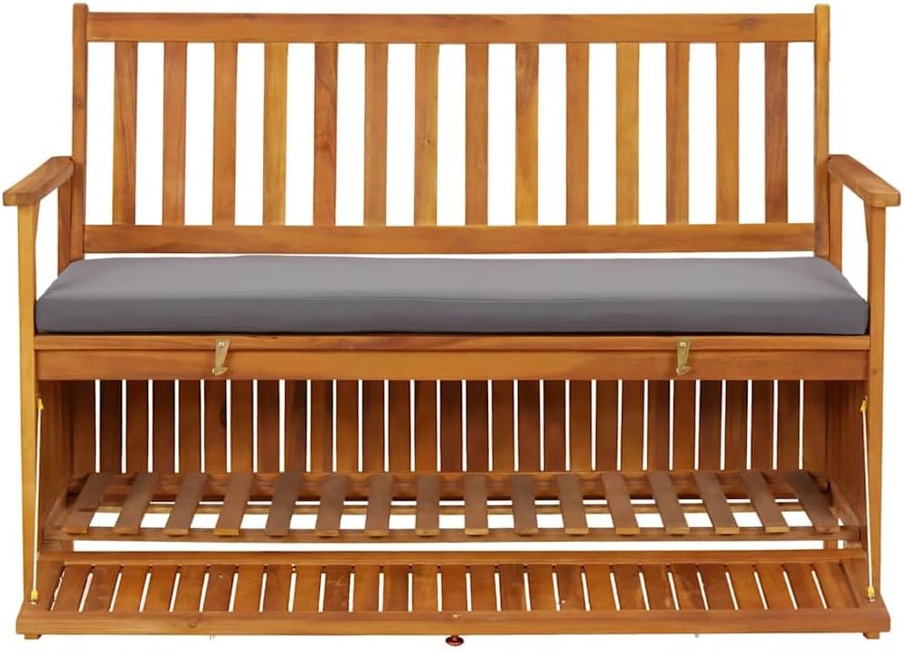 Patio Storage Bench 47.2 Inch Solid Acacia Wood with Hidden Seat Compartment and Cushions for Outdoor Garden Deck Backyard Seating