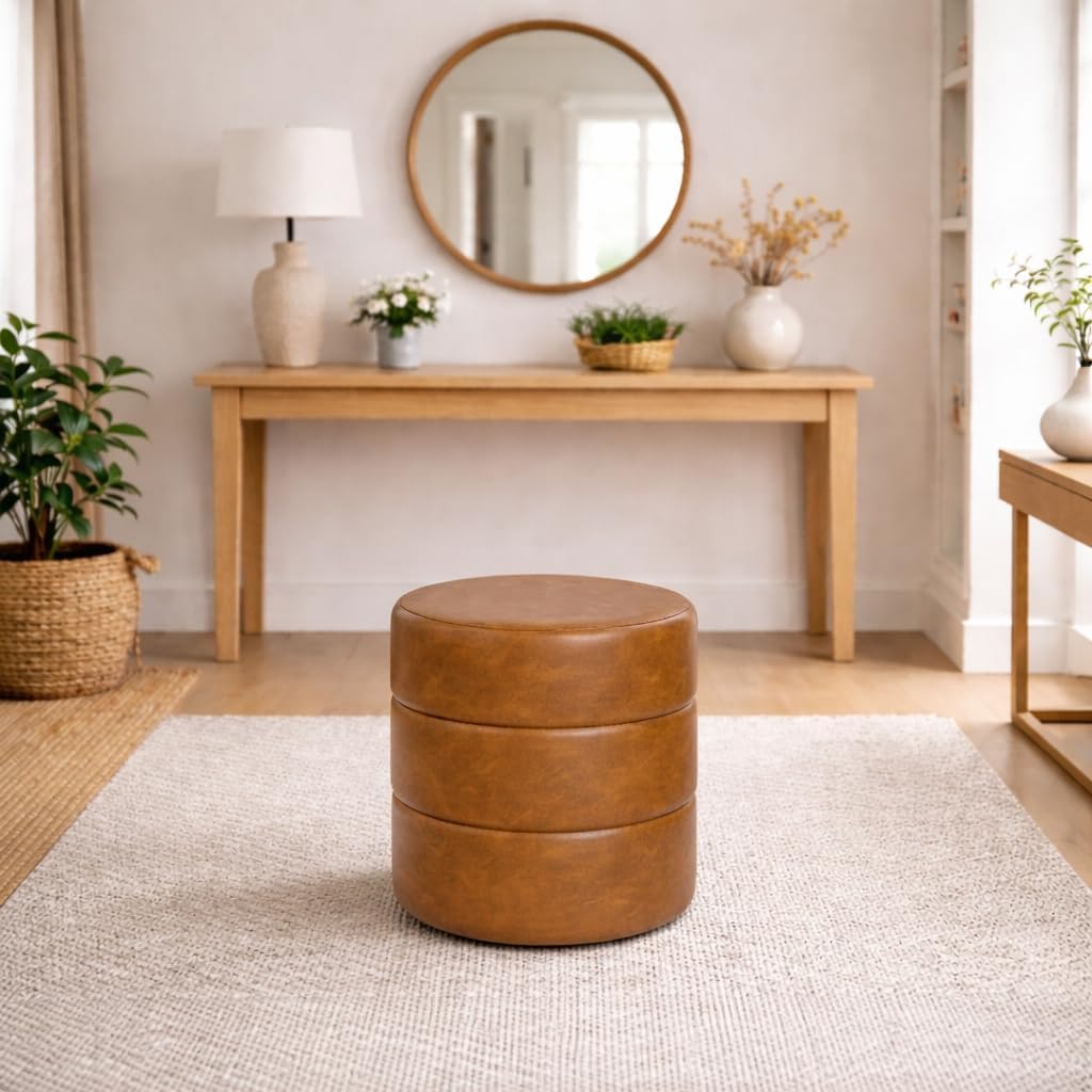 Spatial Order Upholstered Faux Leather Round Ottoman (No Lid, Seat Only) | Spatial Order Home Décor | Foot Rest Pouf – Camel Brown