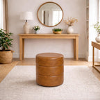 Spatial Order Upholstered Faux Leather Round Ottoman (No Lid, Seat Only) | Spatial Order Home Décor | Foot Rest Pouf – Camel Brown