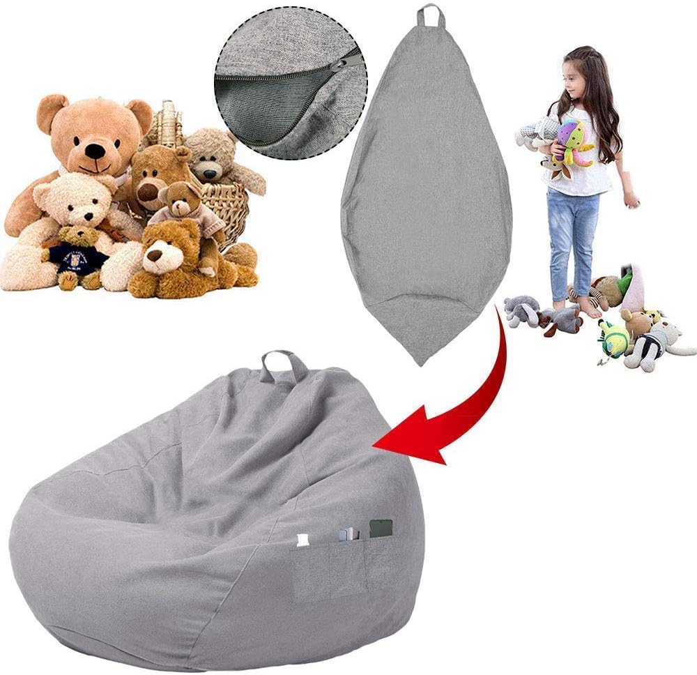 Bean Bag Chair Sofa Cover Without Filler Lazy Lounger High Back Large Bean Bag Storage Chair Couch Cover with Three Side Pockets for Adults and Kids (Dark Gray, XL-39.3x47.2)