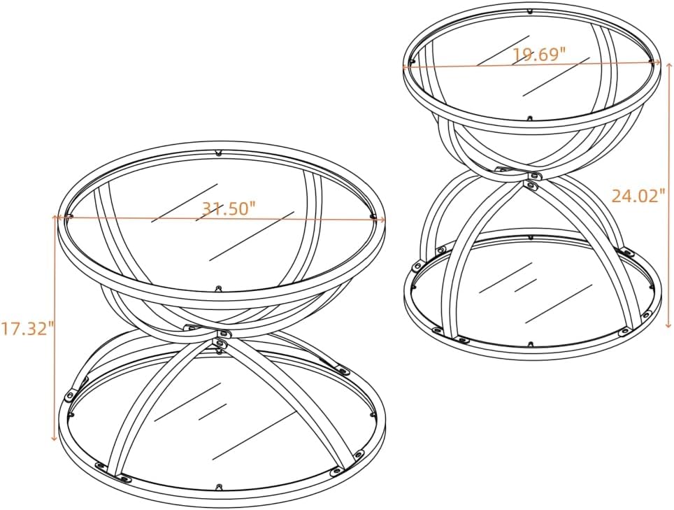 Round Coffee Table Set of 2, Gold Metal Frame with Clear Tempered Glass | Ring-Shaped Frames with Two Clear Glass Tiers for Living Room, Bedroom, or Office