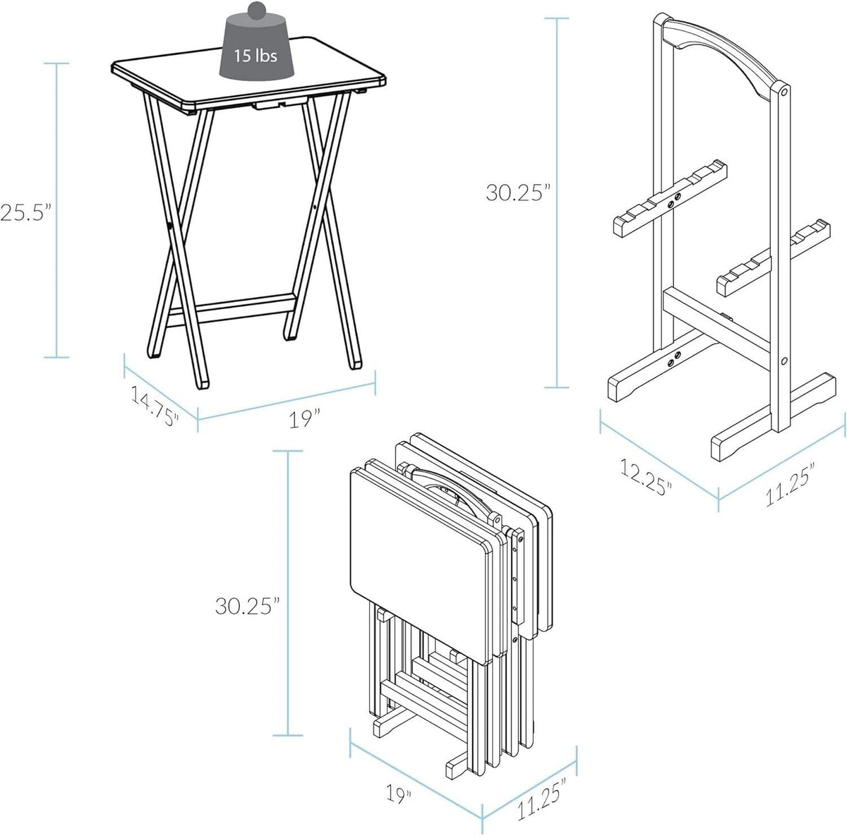 HomeStock Antique 5-Piece Solid Wood Folding Tray Table Set with Storage Stand 4 Durable TV Tables for Living Room or Snacks, 19" x 14.75" x 25.5" White
