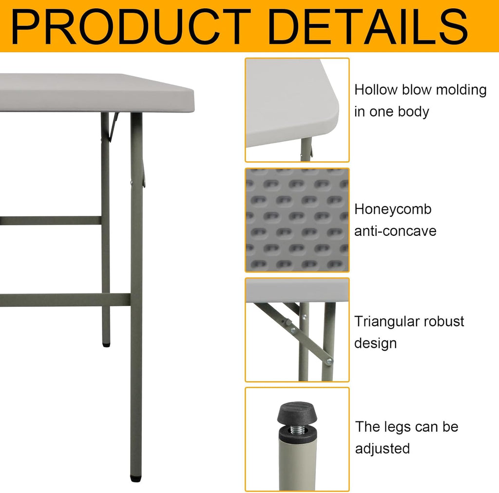 Folding Table 2.7ft Rectangular All-Occasion Plastic Folding Event Table for Indoor and Outdoor, Portable Desk, Camping, Durable and Stable, HDPE and Steel, Wide Application, Grey