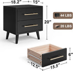 Ahomly Night Stand with 2 Drawers, Solid Wood Side Table for Bedroom, Black | Solid Wood Bedside Table with Two Drawers, Metal Handle, Compact Storage for Bedrooms and Sofa Sides