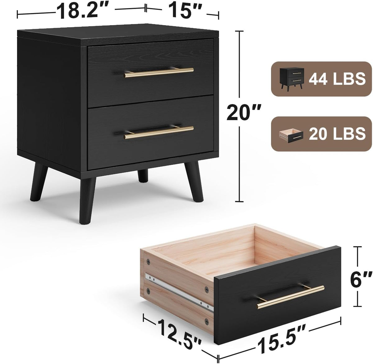 Ahomly Night Stand with 2 Drawers, Solid Wood Side Table for Bedroom, Black | Solid Wood Bedside Table with Two Drawers, Metal Handle, Compact Storage for Bedrooms and Sofa Sides