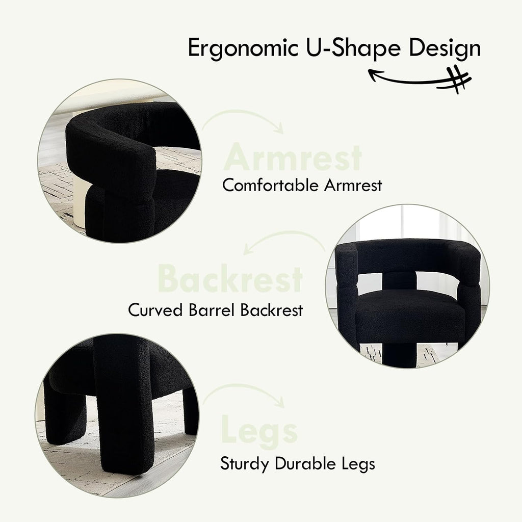 Sherpa Barrel Accent Chairs Set of 2, Modern Boucle Dining Room Chairs, Comfy Upholstered Side Chair with Arm, Cozy Sitting Chair for Bedroom/Kitchen/Living Room/Office, Black