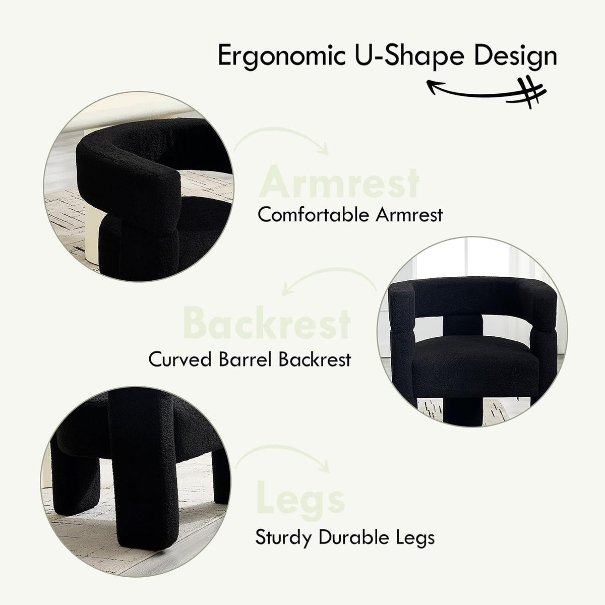 Sherpa Barrel Accent Chairs Set of 2, Modern Boucle Dining Room Chairs, Comfy Upholstered Side Chair with Arm, Cozy Sitting Chair for Bedroom/Kitchen/Living Room/Office, Black