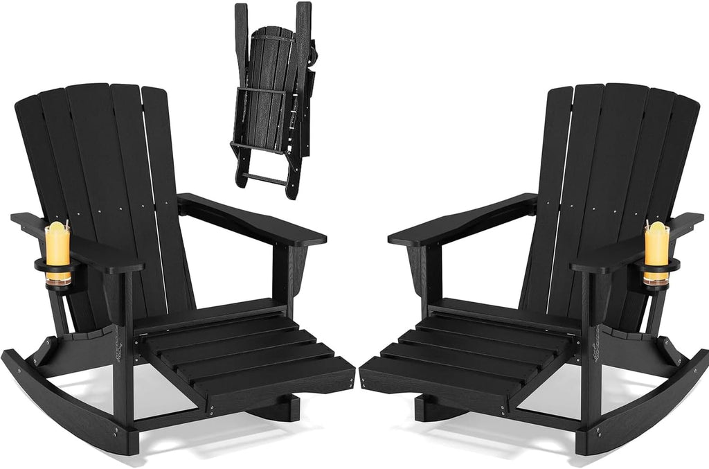 Adirondack Rocking Chair with Retractable Ottoman Set of 2,Outdoor Folding Adirondack Chair with Cup Holder,HDPE All-Weather Patio Lounge Chair for Porch,Lawn, Poolside, Black
