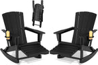 Adirondack Rocking Chair with Retractable Ottoman Set of 2,Outdoor Folding Adirondack Chair with Cup Holder,HDPE All-Weather Patio Lounge Chair for Porch,Lawn, Poolside, Black