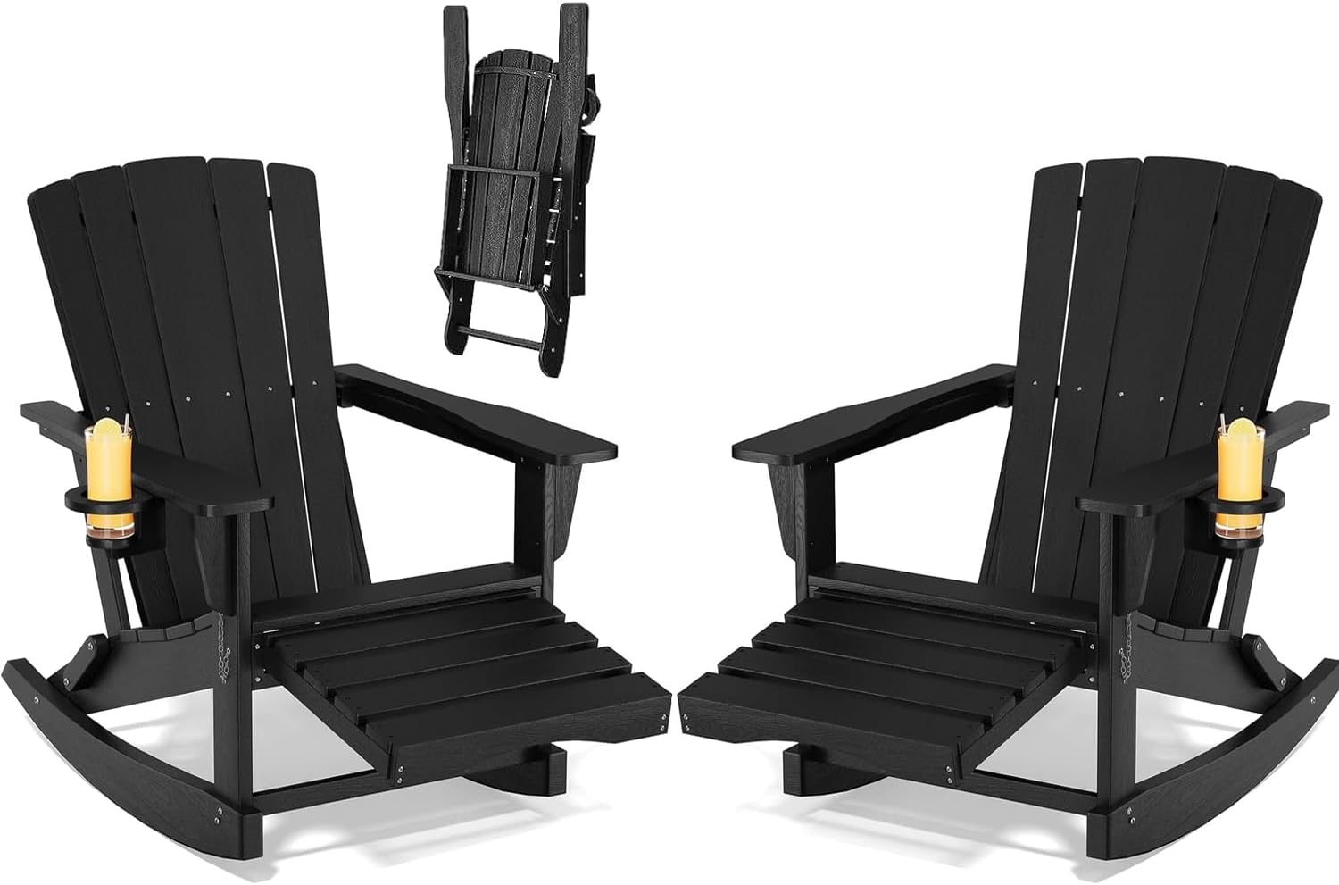 Adirondack Rocking Chair with Retractable Ottoman Set of 2,Outdoor Folding Adirondack Chair with Cup Holder,HDPE All-Weather Patio Lounge Chair for Porch,Lawn, Poolside, Black