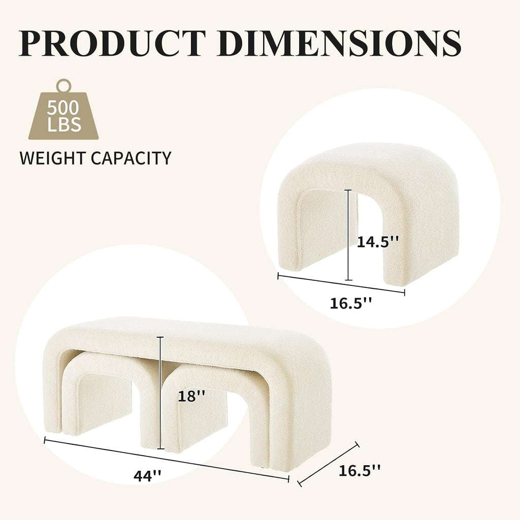 3-Piece Ottoman Bench Set, End of Bed Bench with 2 Foot Stools | 44" Teddy Padded U-Shaped Design, Wood Frame, 500LBS Weight Capacity, No Assembly Required, Entry Bench for Bedroom, Cream