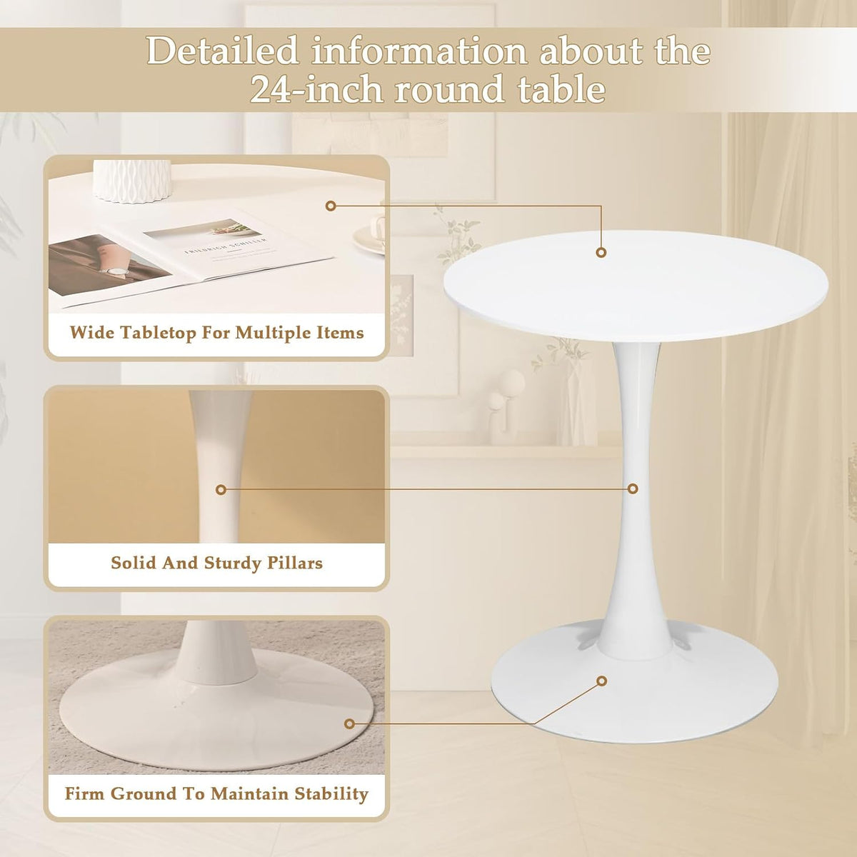 Dining Table and Dining Chair Set 23.6" White Round Table&2 Boucle Upholstered Golden Legs Chairs for Kitchen Dining Room Small Space 3 Piece Dining Table and Chair Set（Beige）