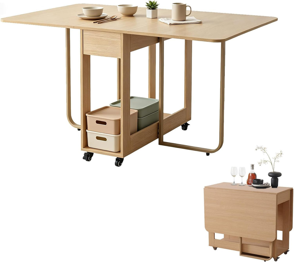 Folding Dining Room Table for 4/6 with 35.4" Extra Wide Space Saving Drop Leaf Table with Lockable Wheels & Storage, Heavy Duty Eco Solid Wood Top 300lb, Convertible Desk for Apartments/RV/Home Office