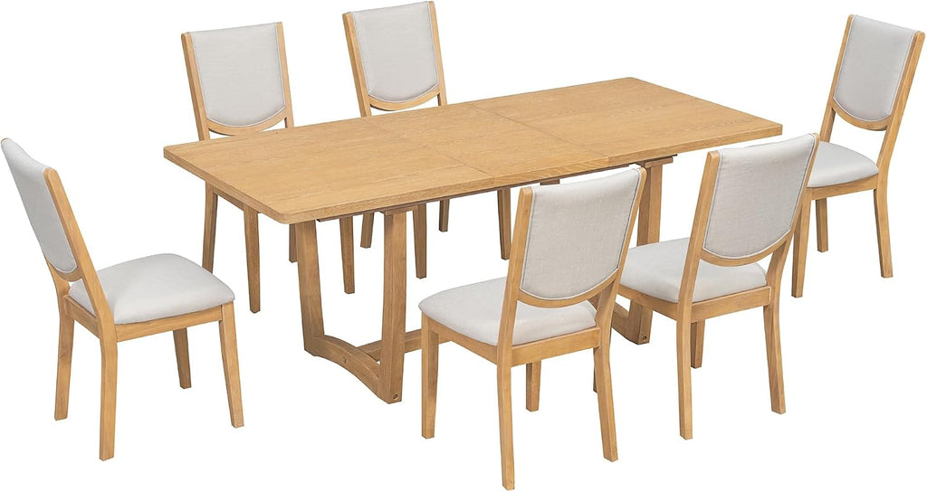 Merax 60"-78" Expandable Dining Table Set for 6, Large 7-Piece Solid Wood Rectangular Kitchen Table Set with Removable Leaf and 6 Upholstered Chairs, Space Saving Kitchen Furniture, Natural