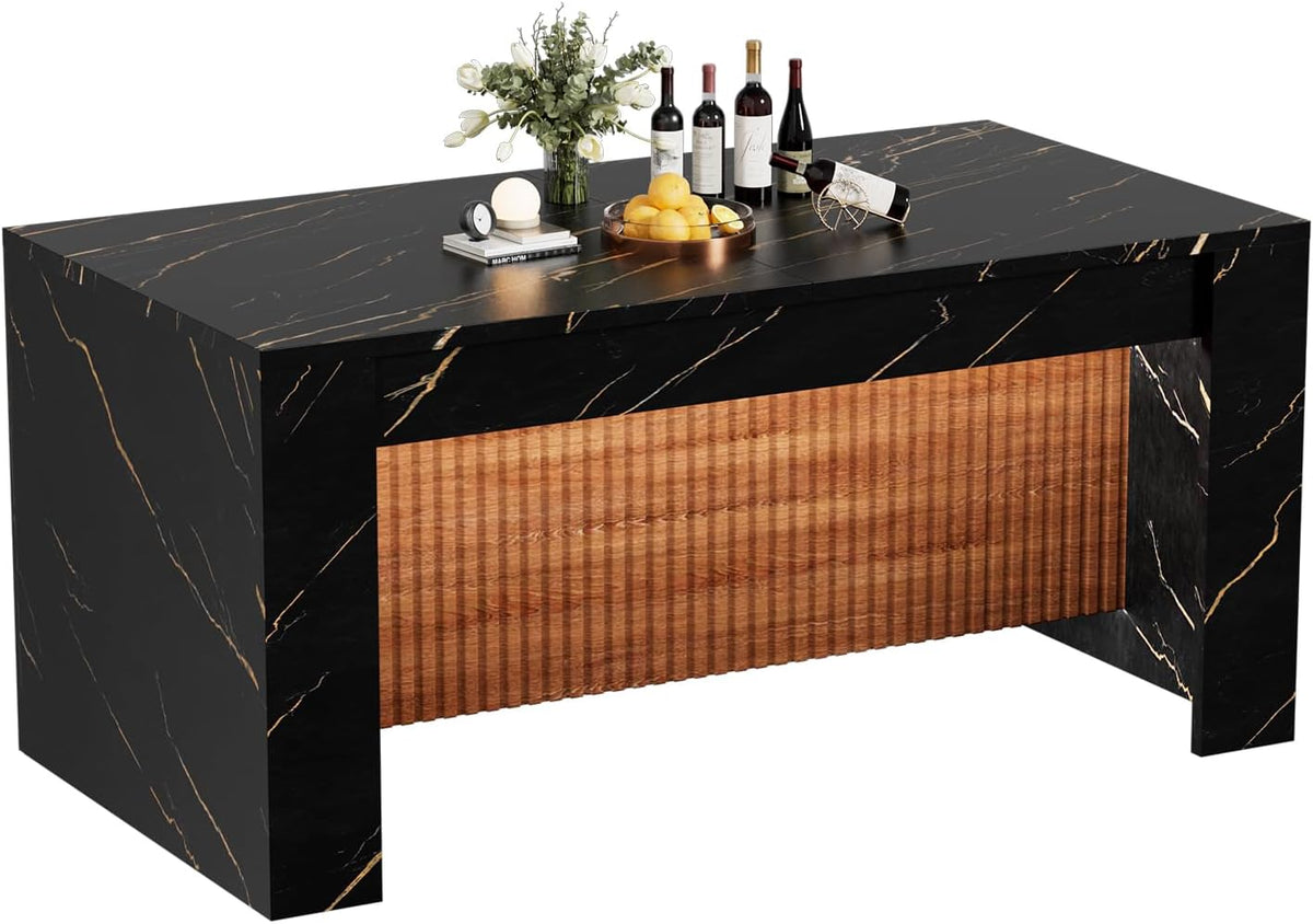 63" Modern Imitation Marble Stripes Kitchen Dining Table, Black Island Table with Grille Design and LED Lights for 4-6 People, Large Imitation Marble Dining Table for Home Kitchen Living Room.