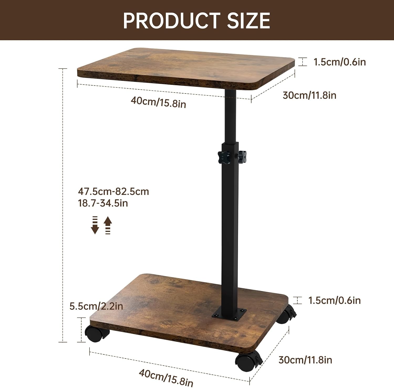 Side Table Sofa Tray for Couch with Rolling Wheels, TV Tray Table with 360°Rotatable Adjustable Height, C Shaped End Table for Living Room, Office, Bedroom