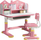 Kids Functional Desk Chair Set,Kids Desk and Chair Set, Height Adjustable Children School Study Desk with Castle Backboard, Widened Desktop, Bookstand and Storage Drawer (Pink)