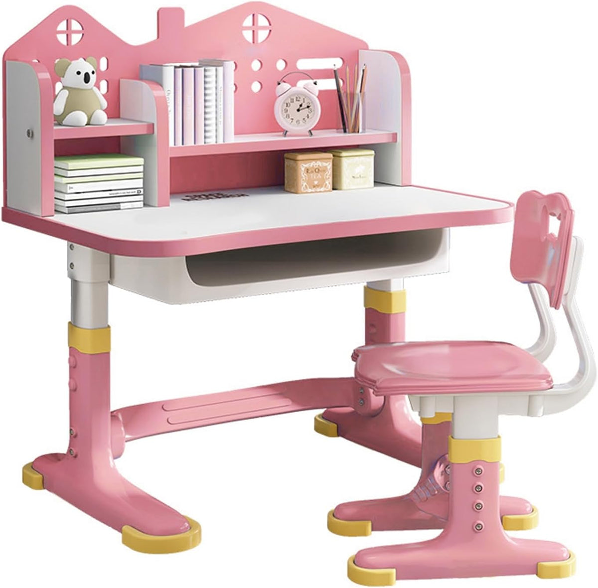 Kids Functional Desk Chair Set,Kids Desk and Chair Set, Height Adjustable Children School Study Desk with Castle Backboard, Widened Desktop, Bookstand and Storage Drawer (Pink)