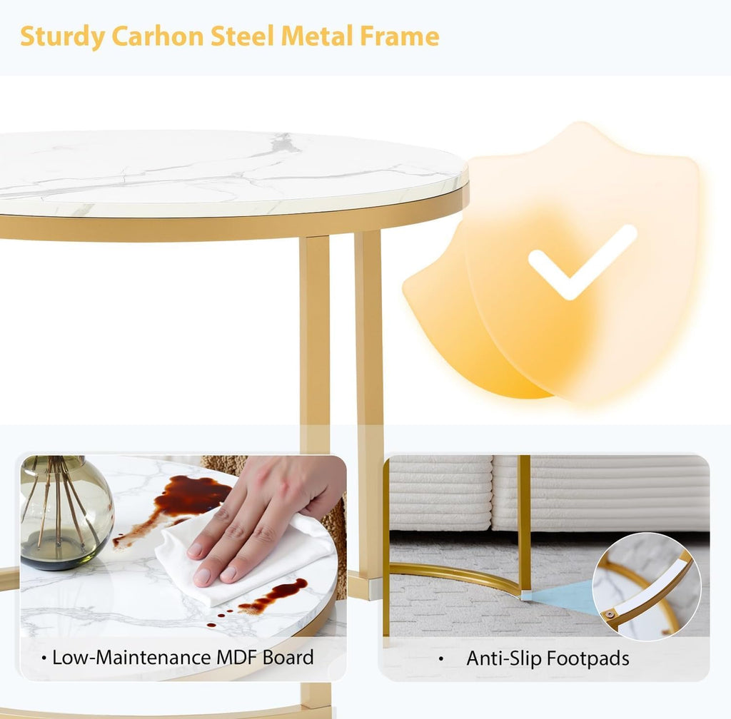 Nesting Coffee Table Set of 2, Round Coffee Table w/Marble Pattern Top, Modern Living Room Table with Sturdy Metal Frame, Industrial End Table Side Tables for Small Space Apartment (White)