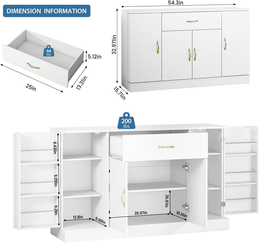 55" Kitchen Pantry Cabinet, Large Storage Cupboard with Doors and Shelves, White Kitchen Storage Cabinet with Drawer, Versatile Buffet Sideboard for Dining Room and Craft Room