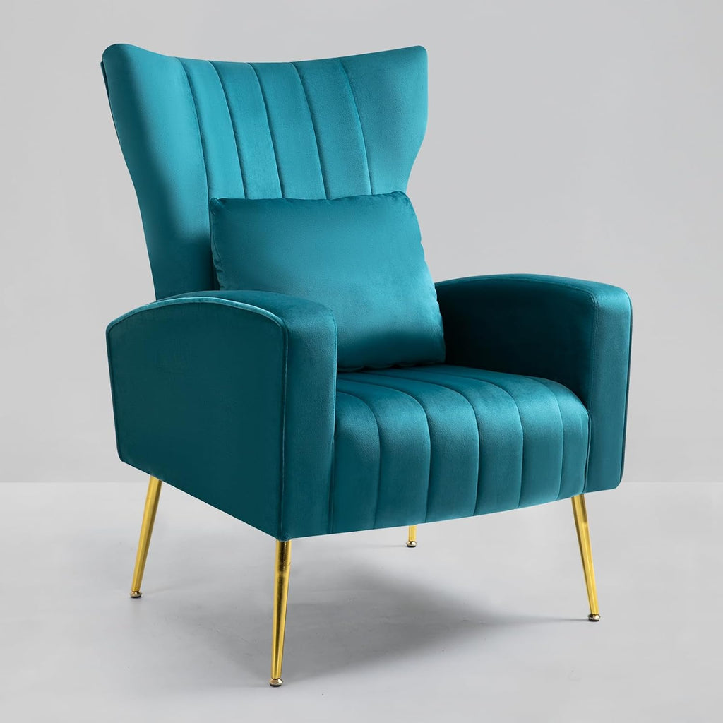Velvet Accent Chairs Set of 2, Modern Arm Chair with Wingback & Gold Metal Legs for Living Room, Bedroom, Waiting Room, Lumbar Pillow Included, Dark Teal