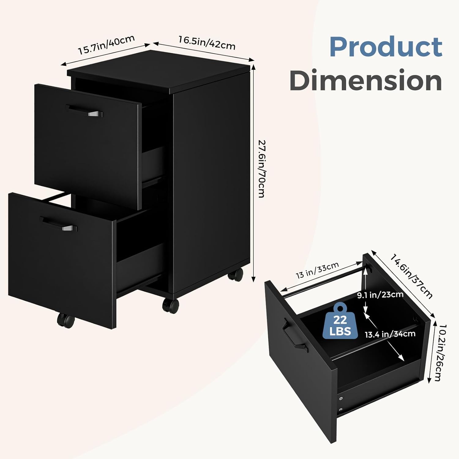 DUMOS 2 Drawer Filing Cabinet, Rolling Wood File Cabinet for Home Office, Under Desk Storage with Lockable Wheels, Printer Stand, Office Organizer, Black
