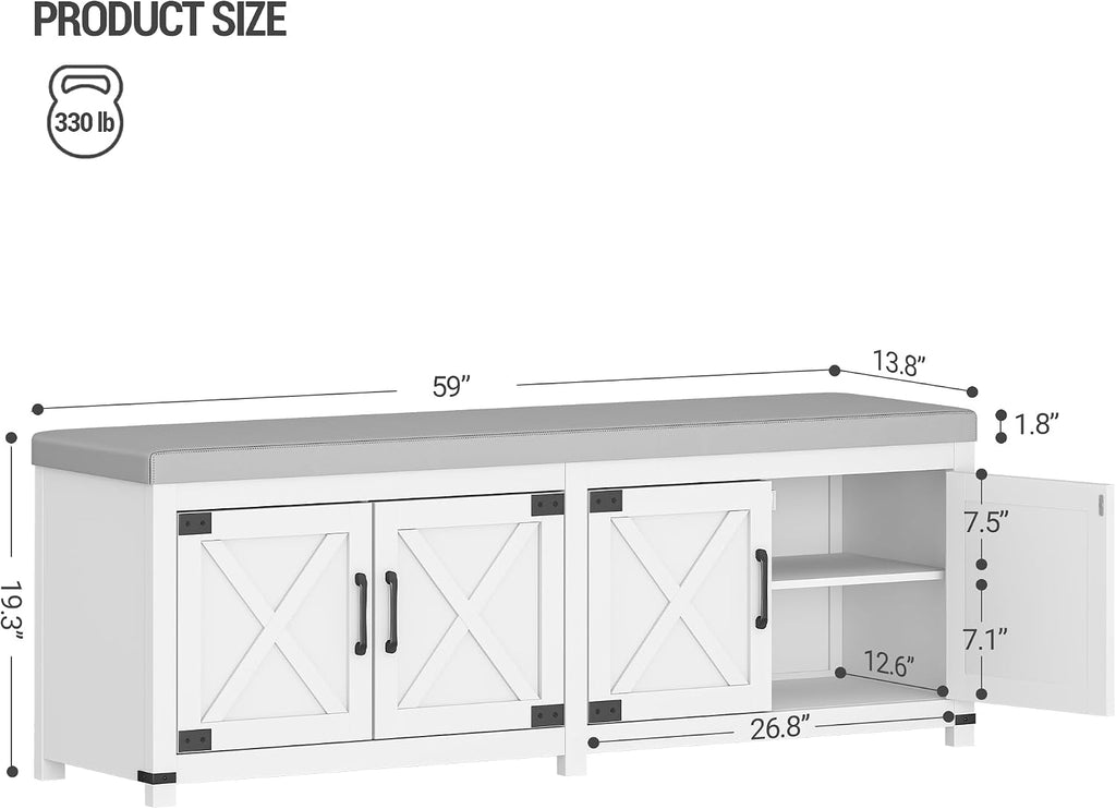Hzuaneri 59" Shoe Storage Bench, with Soft Padded Seat Cushion & Doors | 2 Tier Entryway Storage Bench with Adjustable Shelf, Farmhouse Shoe Cabinet for Living room, Bedroom, White SB31503GY