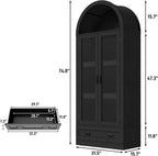 75" Tall Arched Kitchen Pantry Cabinet w Load-Bearing Steel Pipe,Modern Farmhouse Kitchens Storage Cabinet with Drawer and Glass Doors,Tall Arched Bookcase,Pantry Organizer(Woodgrain Black)