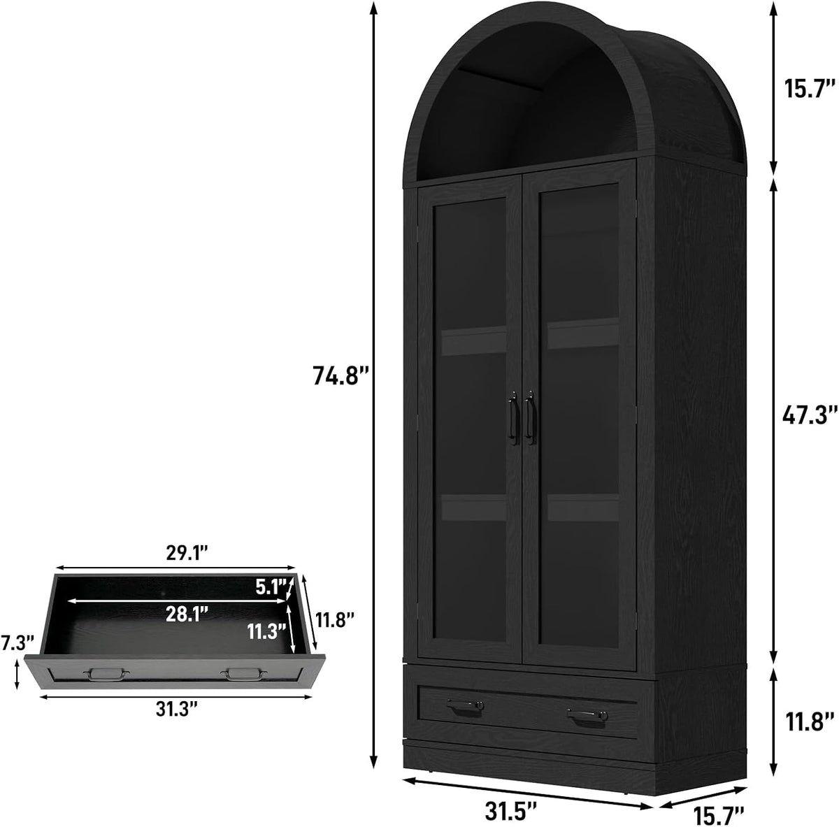 75" Tall Arched Kitchen Pantry Cabinet w Load-Bearing Steel Pipe,Modern Farmhouse Kitchens Storage Cabinet with Drawer and Glass Doors,Tall Arched Bookcase,Pantry Organizer(Woodgrain Black)