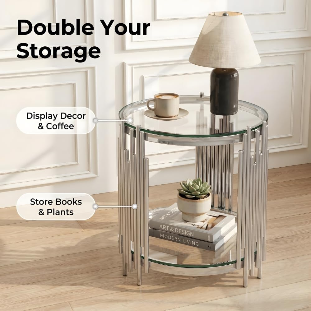 Coffee Table Set, 2-Piece Oval Glass Nesting Tables, Polished Chrome | Rhythmic Vertical Metal Rods Add Sculptural Style to Living Rooms, Offices, and Lounge Areas
