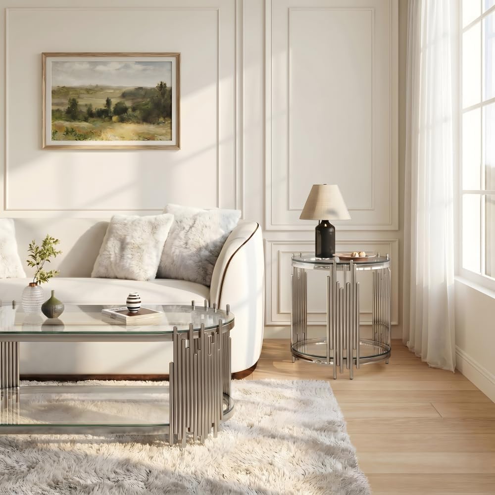 Coffee Table Set, 2-Piece Oval Glass Nesting Tables, Polished Chrome | Rhythmic Vertical Metal Rods Add Sculptural Style to Living Rooms, Offices, and Lounge Areas
