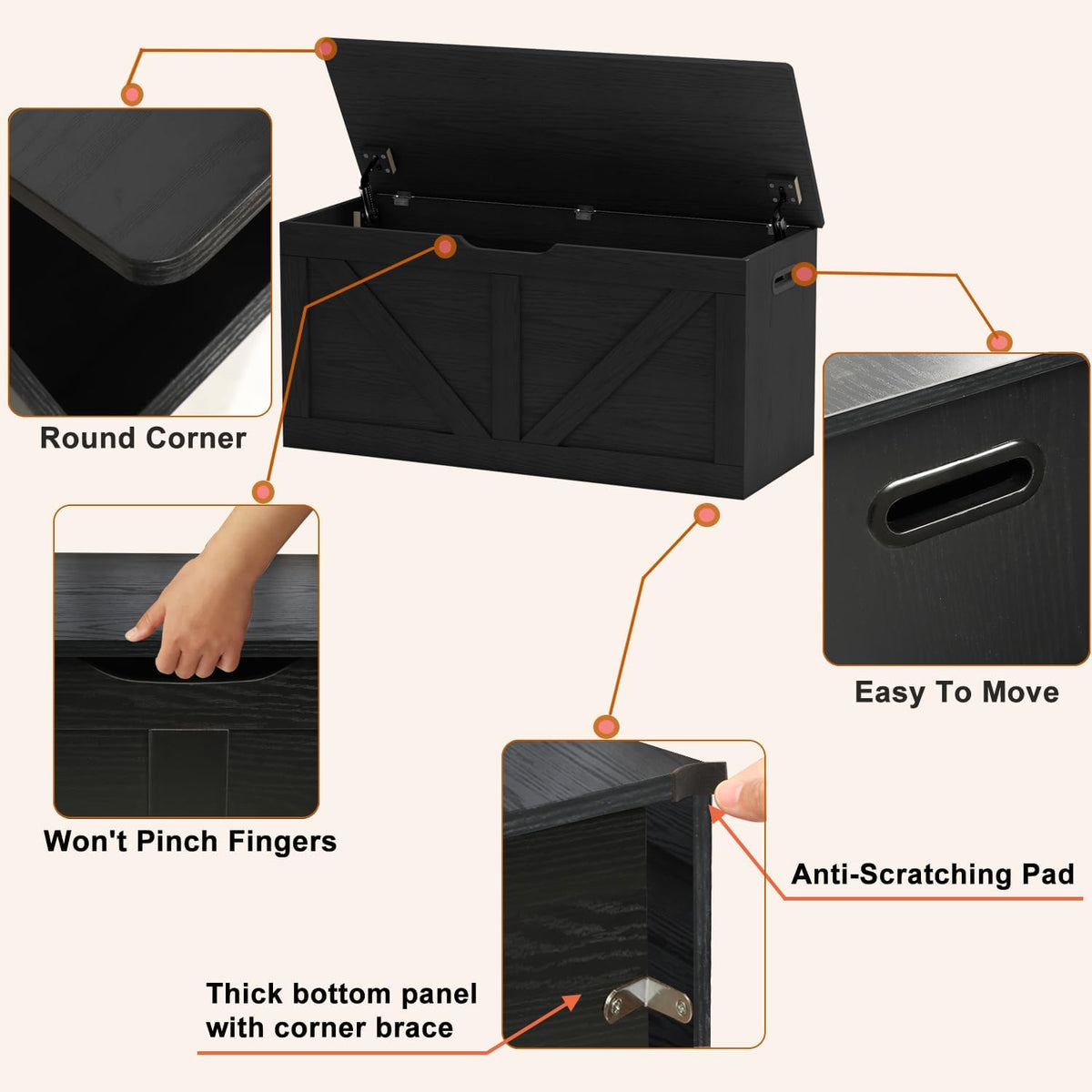 Timberer 39.4" Storage Chest, Wooden Storage Bench, Large Storage Trunk | Entryway Shoes Bench with 2 Safety Hinges, for Living Room, Bedroom, Black