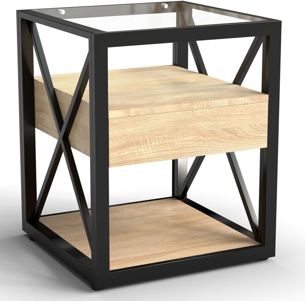 End Table Set of 2, Natural Wood MDF with Tempered Glass Top and Drawer | Industrial-Style Nightstands with Drawer Storage for Bedrooms and Living Rooms; Coordinating Side Table Pair