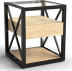 End Table Set of 2, Natural Wood MDF with Tempered Glass Top and Drawer | Industrial-Style Nightstands with Drawer Storage for Bedrooms and Living Rooms; Coordinating Side Table Pair