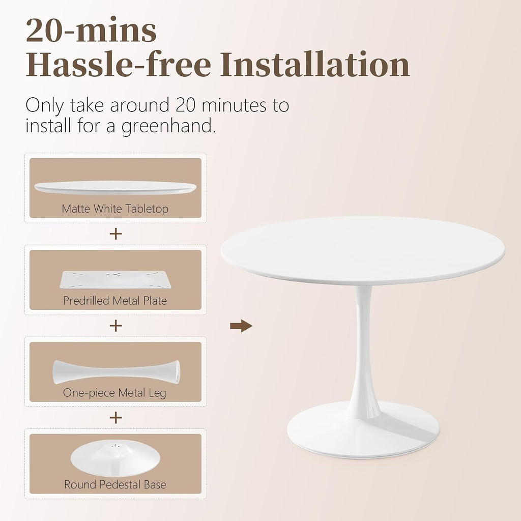 42" Tulip Table for 4-6 Persons Modern Round Dining Room Table, Mid-Century Modern White Small Kitchen Table with MDF Wooden Top, Leisure Coffee Table for Living Room, Dining Room, Office