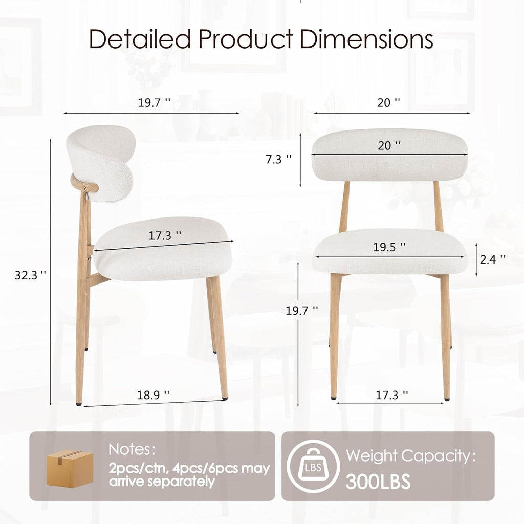 Furniliving Mid Century Modern Dining Chairs Set of 4, 300 lbs Capacity Upholstered Linen Kitchen Chairs with Natural Wood Grain Metal Legs and Ergonomic Curved Back, Beige