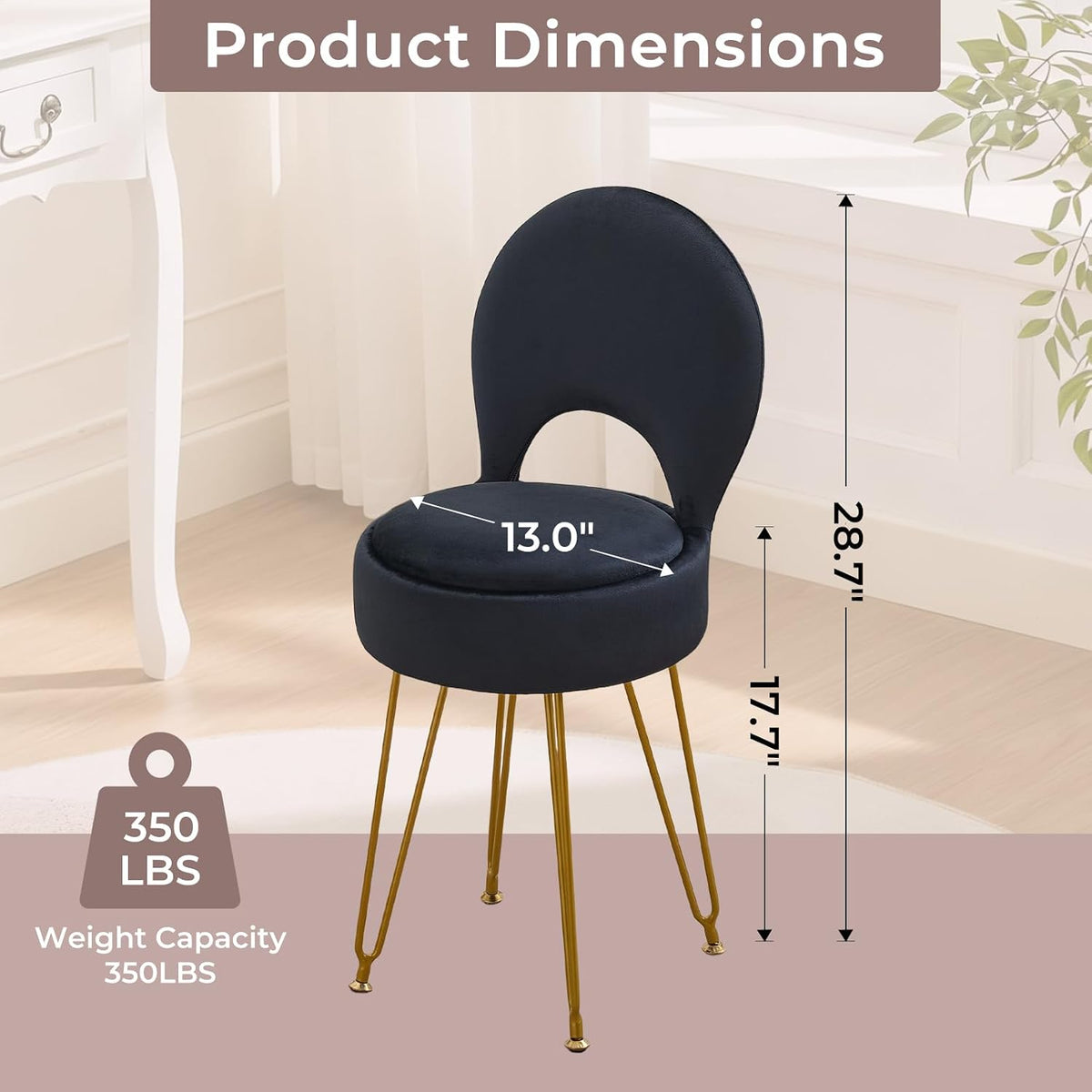 Velvet Black Small Vanity Chair & Stool - 13" Dx13 W Folding Back Storage Ottoman, Anti-Slip Golden V-Leg for Bedroom Makeup Room