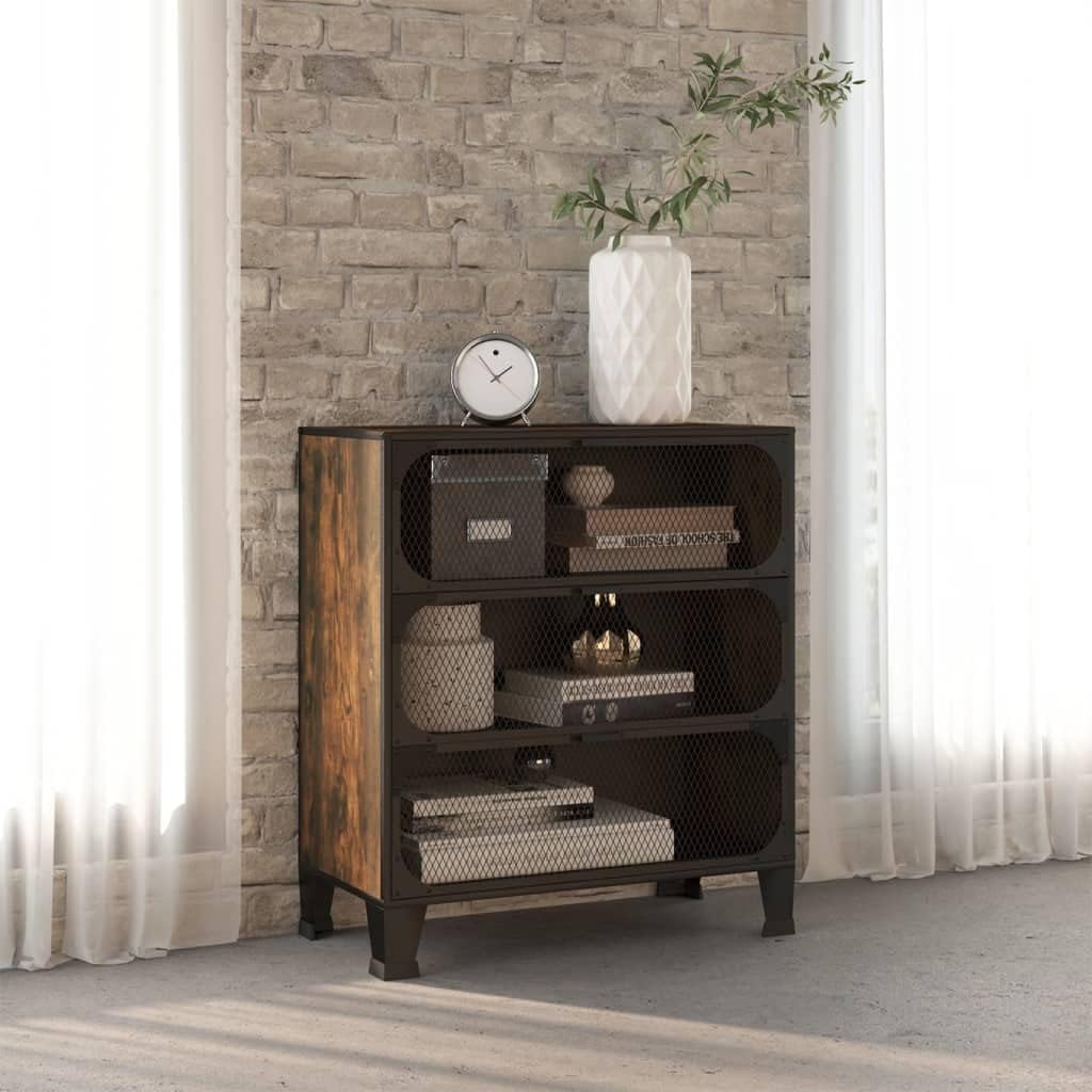 Rustic Brown Storage Cabinet 14.2 x 28.3 x 32.3 in Industrial Bathroom Organizer with 3 Doors Wall Mounted MDF & Metal Frame Compact Pantry or Living Room Cupboard
