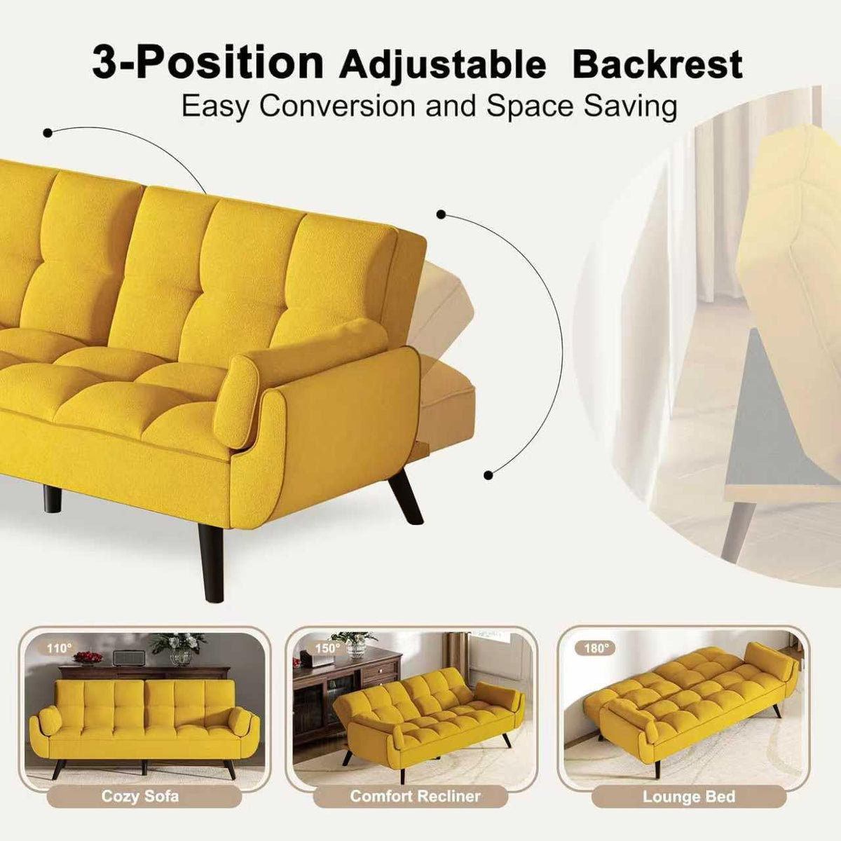 Convertible Folding Sofa Bed Futon,Modern Velvet Sleeper Bed Couches with 4 Adjustable Backrest Armrest,74"Comfy Recliner Sofa Loveseat with Chrome Legs for Living Room Apartment Small Home (Yellow)