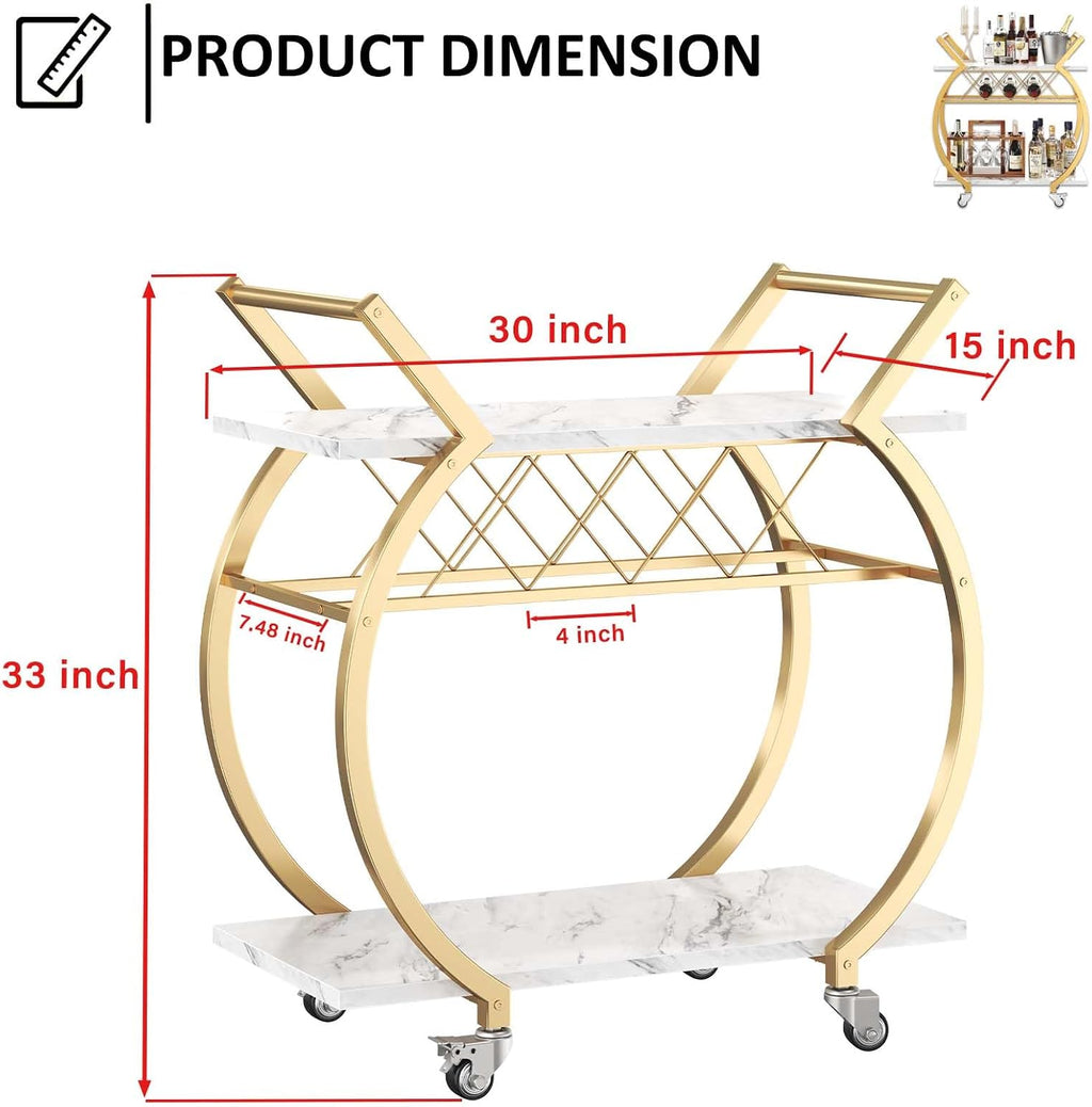 LVB Gold Bar Cart with Wheels, Modern White Marble Home Bar Serving Cart | Drink Cart with Wine Rack, Metal Wooden Beverage Cart, Rolling Kitchen Cart for Home Dining Room,Gold White Marble
